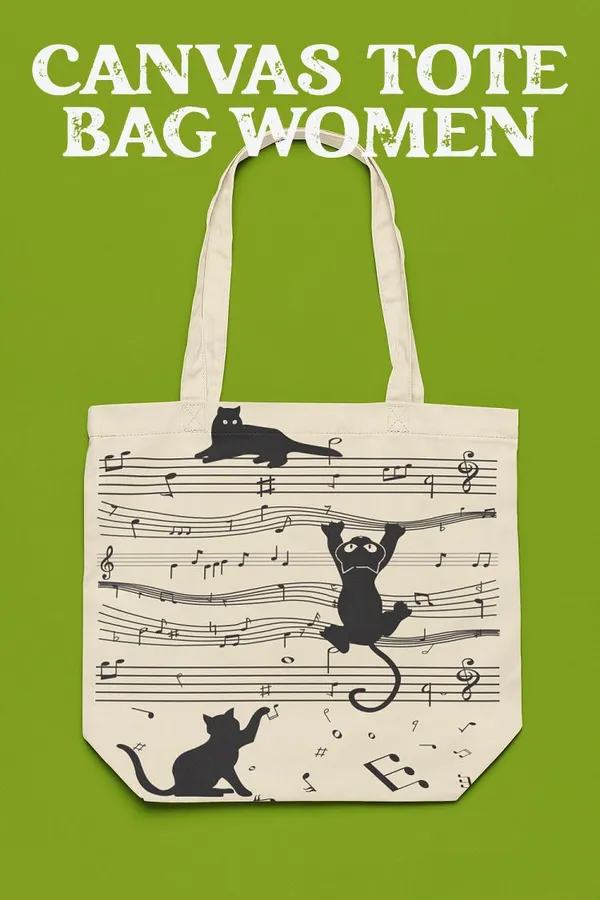 White_&_Black_Canvas_Musical_Cat_Tote_Bag_With_Zipper_And_Pocket