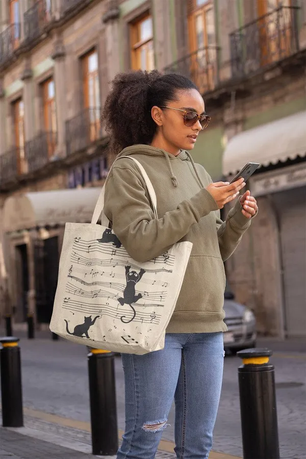 White_&_Black_Canvas_Musical_Cat_Tote_Bag_With_Zipper_And_Pocket