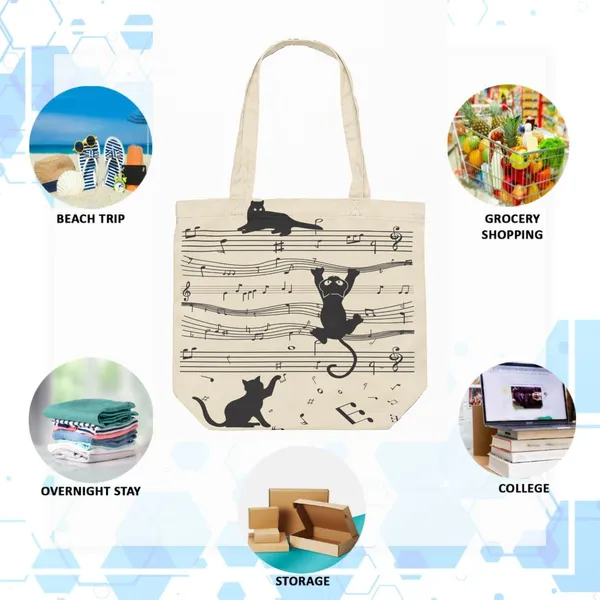 White_&_Black_Canvas_Musical_Cat_Tote_Bag_With_Zipper_And_Pocket