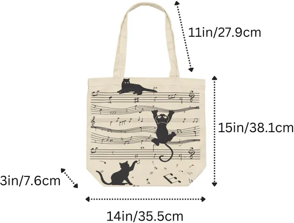 White_&_Black_Canvas_Musical_Cat_Tote_Bag_With_Zipper_And_Pocket