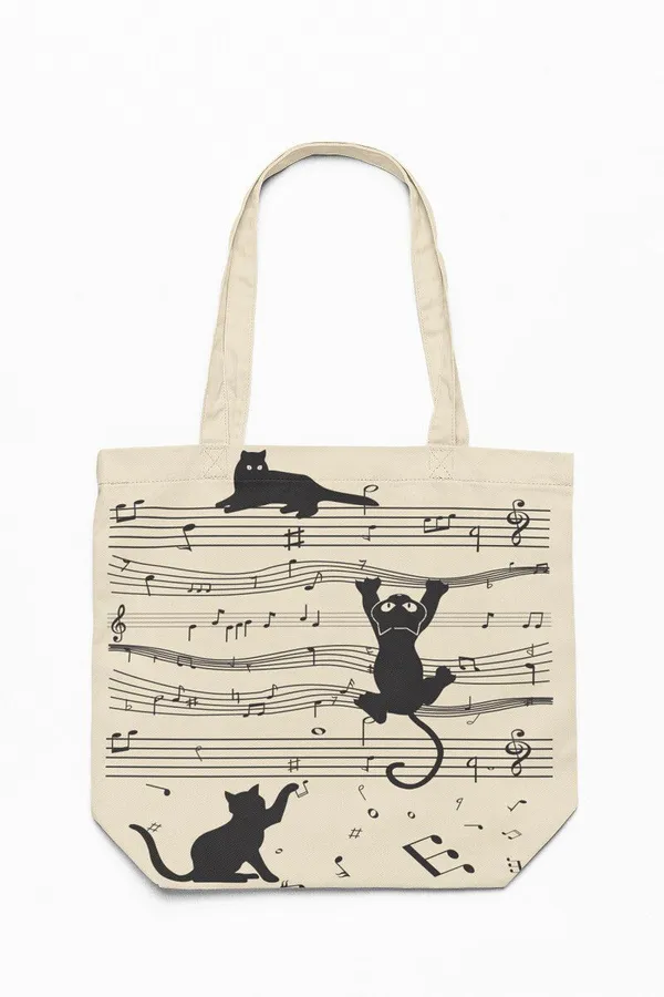 White_&_Black_Canvas_Musical_Cat_Tote_Bag_With_Zipper_And_Pocket