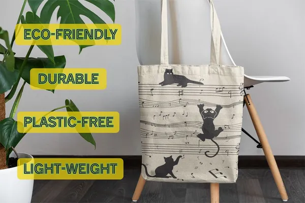 White_&_Black_Canvas_Musical_Cat_Tote_Bag_With_Zipper_And_Pocket