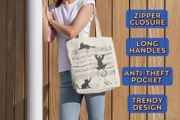 White_&_Black_Canvas_Musical_Cat_Tote_Bag_With_Zipper_And_Pocket