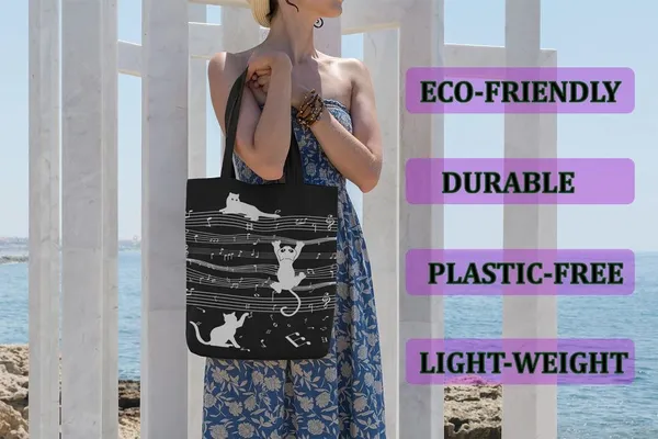 Black_&_White_Canvas_Musical_Cat_Tote_Bag_With_Zipper_And_Pocket