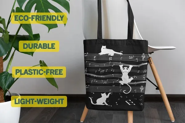 Black_&_White_Canvas_Musical_Cat_Tote_Bag_With_Zipper_And_Pocket