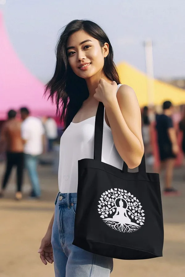 Black_&_White_Buddha_Tote_Bag_With_Zipper_And_Pocket