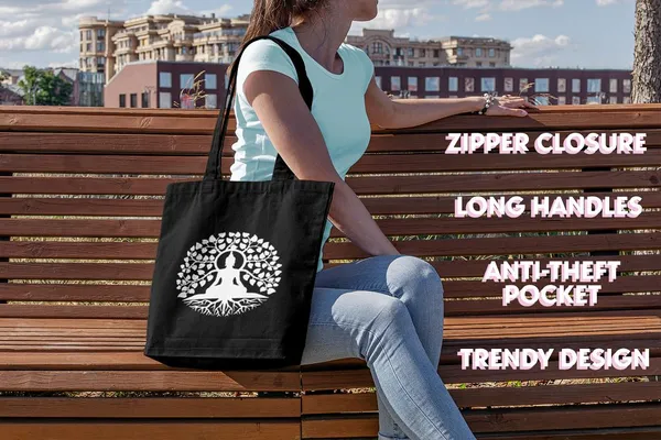 Black_&_White_Buddha_Tote_Bag_With_Zipper_And_Pocket