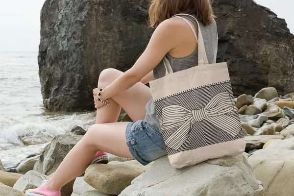 White_&_Black_Bow_Print_Canvas_Tote_Bag_For_Women