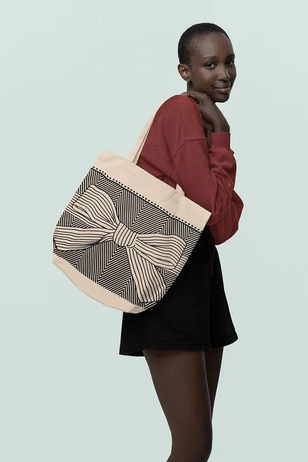 White_&_Black_Bow_Print_Canvas_Tote_Bag_For_Women