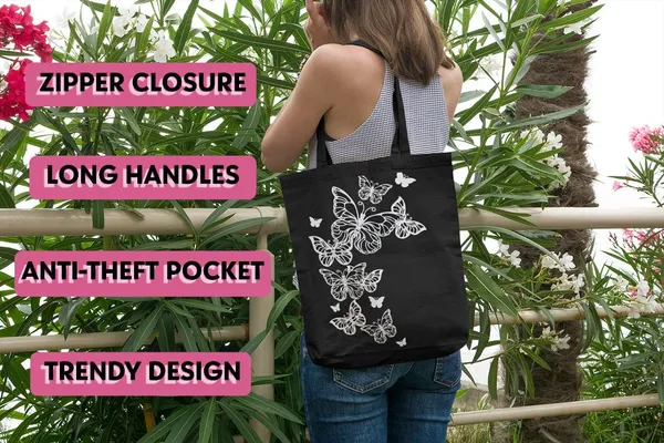 Black_Canvas_Butterfly_Tote_Bag_With_Zipper_Pocket
