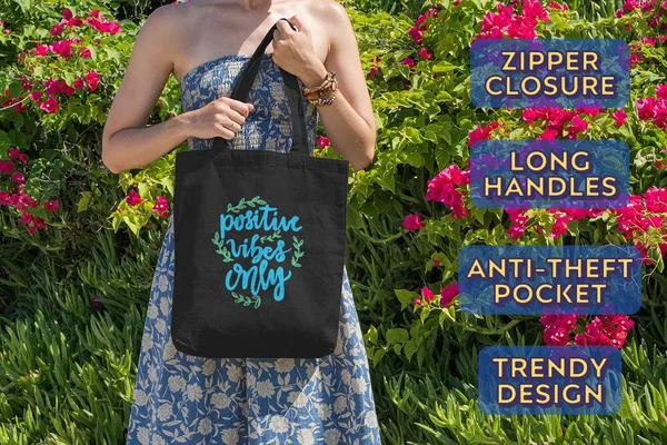 Black_Canvas_Positive_Vibes_Tote_Bag_With_Zipper_And_Pocket