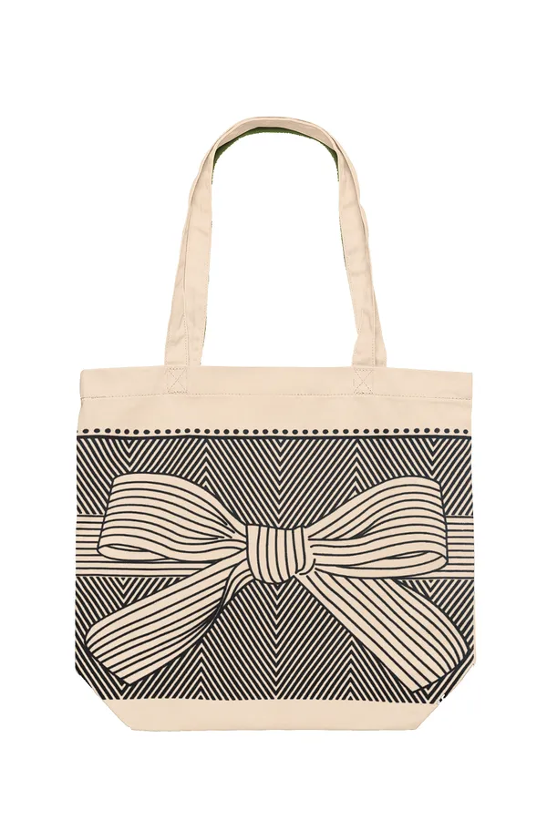 White_&_Black_Bow_Print_Canvas_Tote_Bag_For_Women