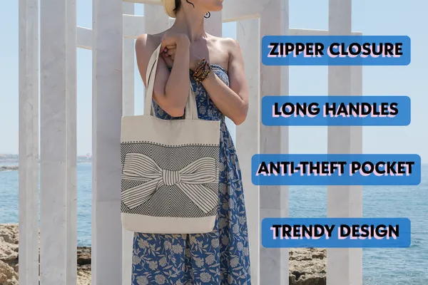 White_&_Black_Bow_Print_Canvas_Tote_Bag_For_Women