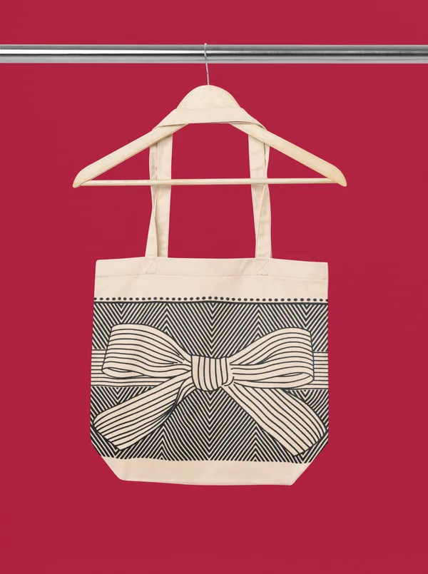 White_&_Black_Bow_Print_Canvas_Tote_Bag_For_Women