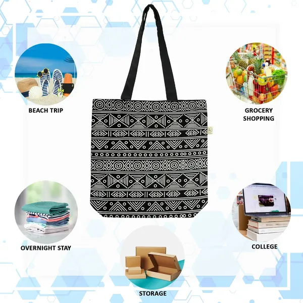 Black_&_White_Canvas_Abstract_Design_Tote_Bag_With_Zipper_And_Pocket