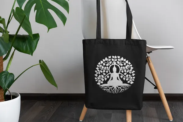 Black_&_White_Buddha_Tote_Bag_With_Zipper_And_Pocket