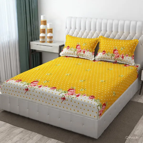 Yellow_Premium_Cotton_Essence_Radiant_Flowers_Bed_Sheet_with_pillow_cover