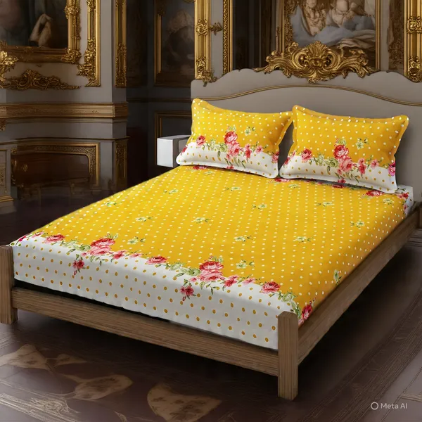 Yellow_Premium_Cotton_Essence_Radiant_Flowers_Bed_Sheet_with_pillow_cover