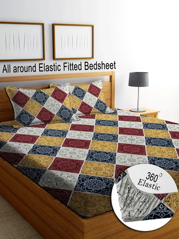 Falora_220_Thread_Count_Premium_Cotton_Fitted_Bedsheet_|_Grid_Collection_|_King/Queen/Double_|_72×78_/_60×78_Inches_|_360°_Elasticated_|_With_2_Pillow_Covers_(Up_to_8_Inches_Mattress)