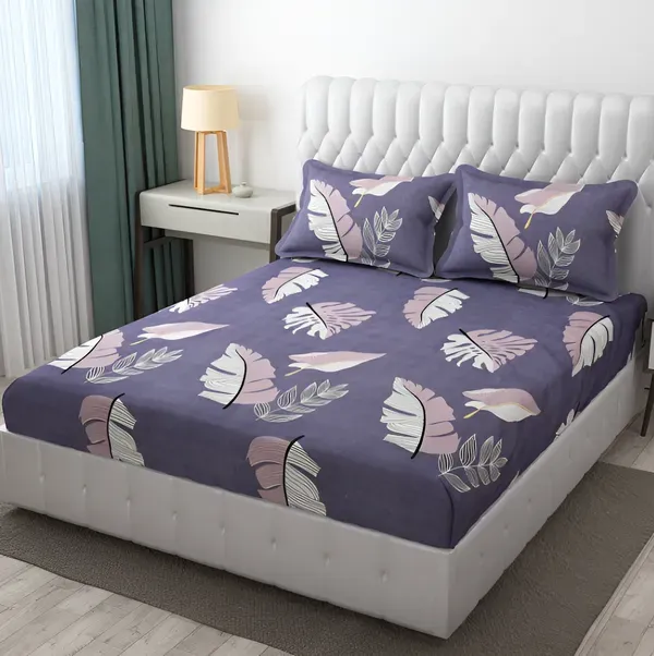Falora_220_Thread_Count_Premium_Cotton_Fitted_Bedsheet_|_Light_Purple_Blooming_Feathers_|_King/Queen/Double_|_72×78_/_60×78_Inches_|_360°_Elasticated_|_With_2_Pillow_Covers_(Up_to_8_Inches_Mattress)