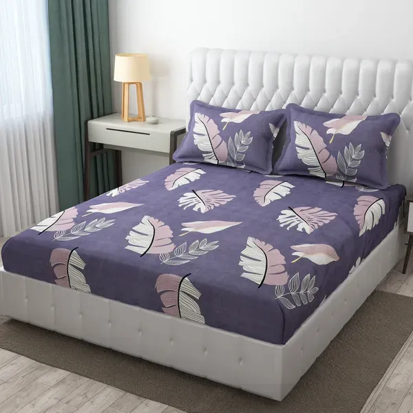 Falora_220_Thread_Count_Premium_Cotton_Fitted_Bedsheet_|_Light_Purple_Blooming_Feathers_|_King/Queen/Double_|_72×78_/_60×78_Inches_|_360°_Elasticated_|_With_2_Pillow_Covers_(Up_to_8_Inches_Mattress)