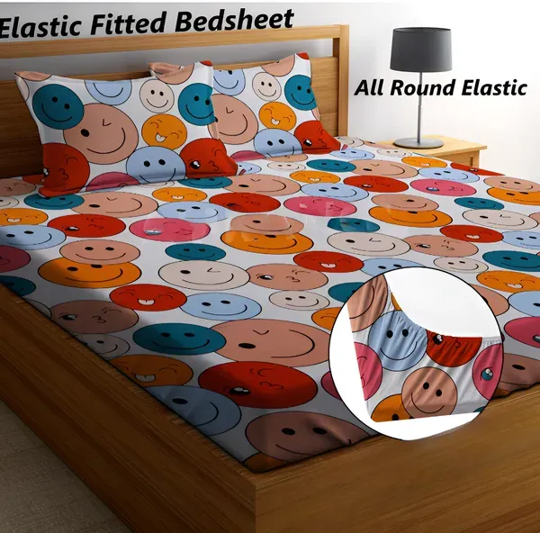 Falora_220_Thread_Count_Premium_Cotton_Fitted_Bedsheet_|_Multicolor_Smiley_Pop_|_King/Queen_|_Elasticated_|_With_2_Pillow_Covers