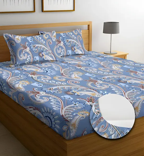 Falora_220_Thread_Count_Premium_Cotton_Fitted_Bedsheet_|_Oceans_Royal_Heritage_|_King/Queen/Double_|_72×78_/_60×78_Inches_|_360°_Elasticated_|_With_2_Pillow_Covers_(Up_to_8_Inches_Mattress)