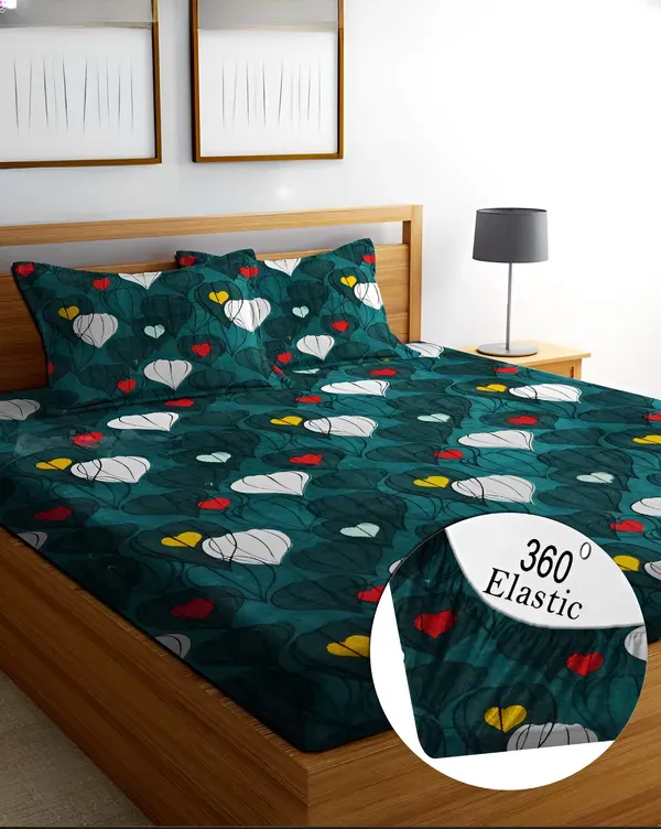 Falora_220_Thread_Count_Premium_Cotton_Fitted_Bedsheet_|_Peacock_Blue_Divine_Leaves_|_King/Queen/Double_|_72×78_/_60×78_Inches_|_360°_Elasticated_|_With_2_Pillow_Covers_(Up_to_8_Inches_Mattress)