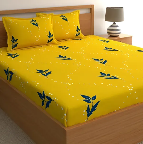 Falora_220_Thread_Count_Premium_Cotton_Fitted_Bedsheet_|_Yellow_Sunny_Greens_|_King/Queen_|_360°_Elasticated_|_With_2_Pillow_Covers
