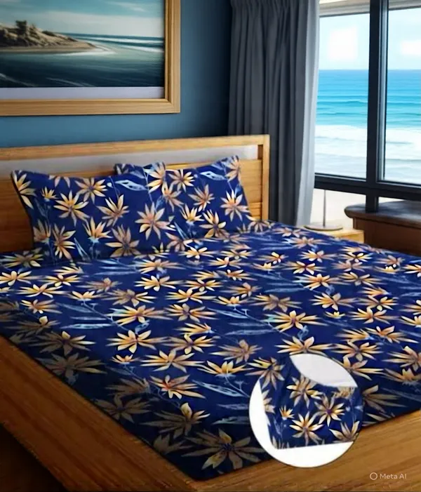 Blue_Premium_Cotton_Luxe_220_Tc_Royal_Blue_Leaf_Collection_fitted_Bed_Sheet_with_pillow_cover