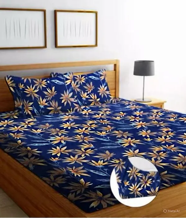 Blue_Premium_Cotton_Luxe_220_Tc_Royal_Blue_Leaf_Collection_fitted_Bed_Sheet_with_pillow_cover