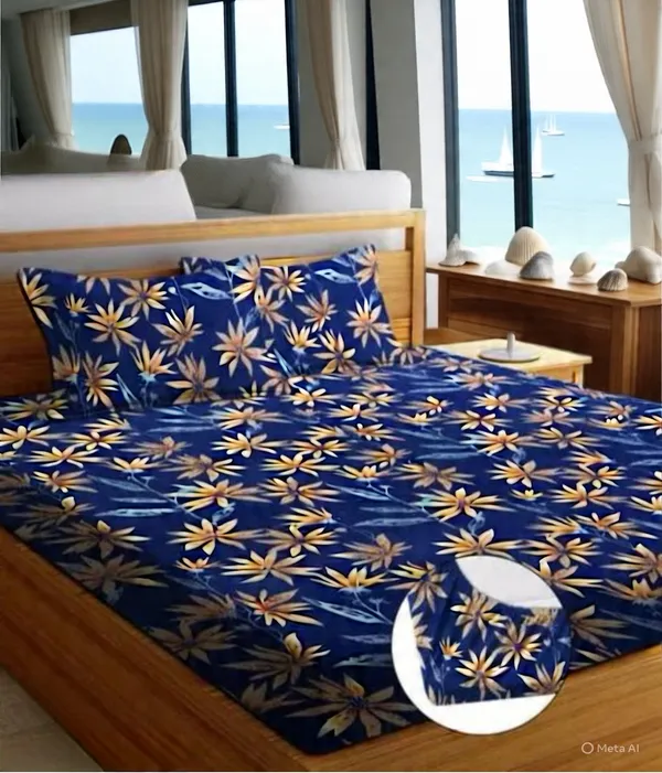Blue_Premium_Cotton_Luxe_220_Tc_Royal_Blue_Leaf_Collection_fitted_Bed_Sheet_with_pillow_cover