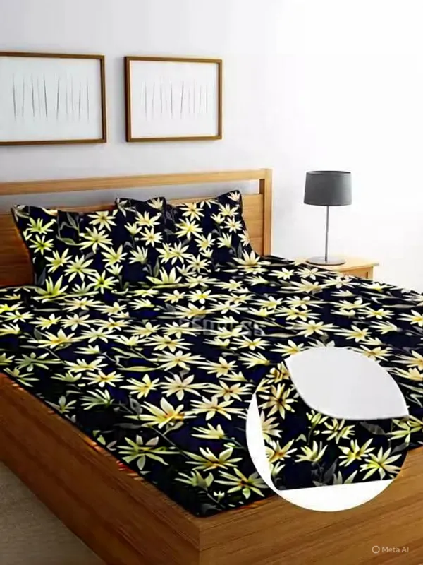 Falora_Black_Premium_220_TC_Cotton_Midnight_Leaf_Elegance_FITTED_Bed_Sheet_with_pillow_cover