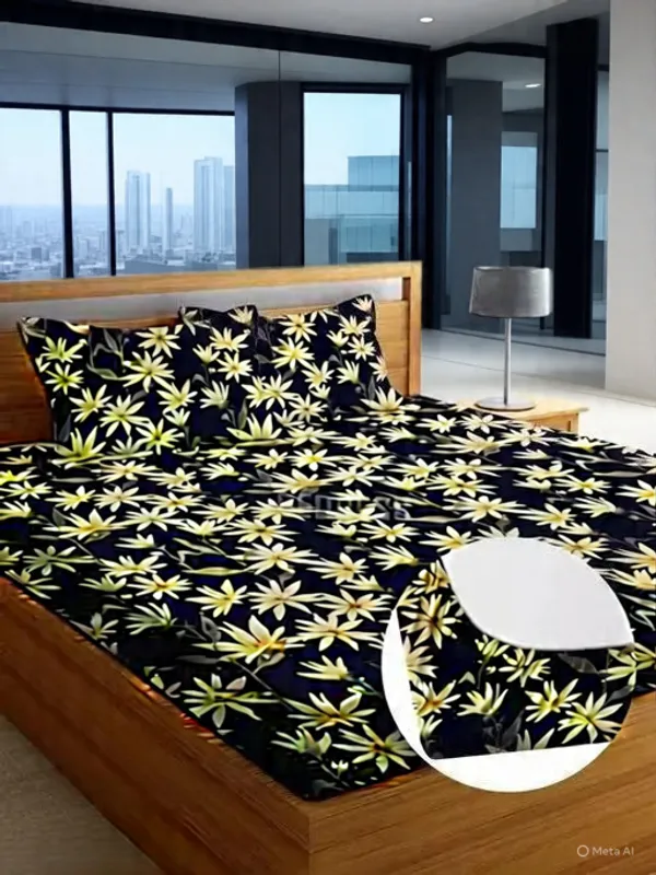 Falora_Black_Premium_220_TC_Cotton_Midnight_Leaf_Elegance_FITTED_Bed_Sheet_with_pillow_cover
