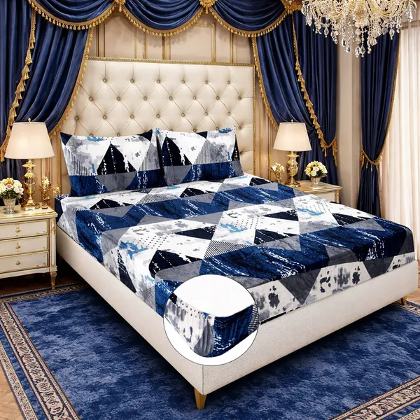 Falora®_Blue_Geometric_500_TC_Winter_Warm_Fitted_Bedsheet_360°_Elastic