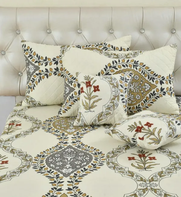 Off-White_Cotton_Aura_–_Heritage_Bloom_Harmony_5-Piece_Luxury_Bedsheet_Set_with_pillow_cover