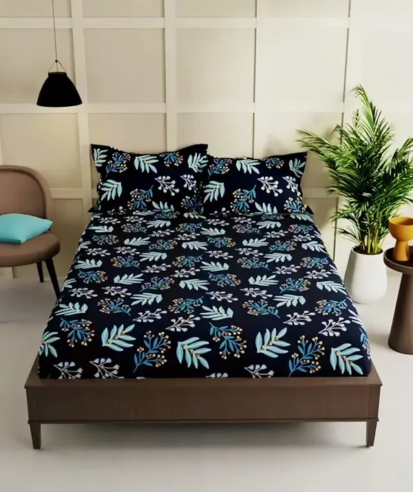 Multicolor_Premium_Cotton_Luxe_Midnight_Leaves_Bed_Sheet_with_pillow_cover