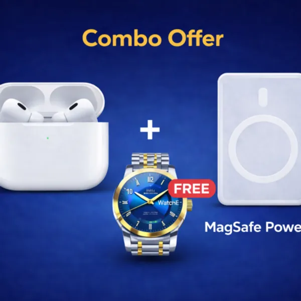 White_And_Stainless_Steel_Airpods_Pro_2Nd_Gen_Magsafe_Power_Bank_With_Free_Luxury_Watch_Nexa_India_Premium_Combo_Pack