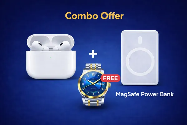 White_And_Stainless_Steel_Airpods_Pro_2Nd_Gen_Magsafe_Power_Bank_With_Free_Luxury_Watch_Nexa_India_Premium_Combo_Pack