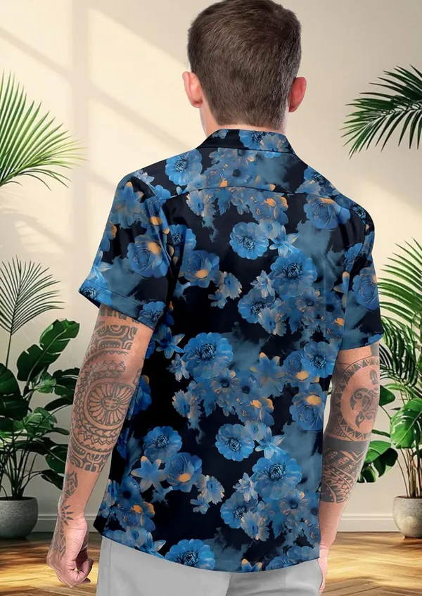 Blue_Floral_Print_Short_Sleeve_Casual_Shirt,_Blue_Flowers_On_Black,_Summer_Beach_Hawaiian_Style