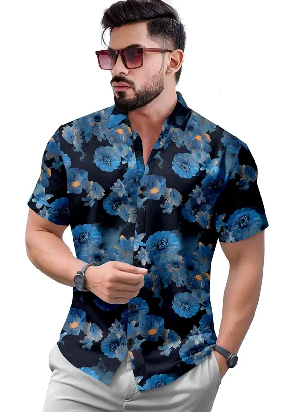 Blue_Floral_Print_Short_Sleeve_Casual_Shirt,_Blue_Flowers_On_Black,_Summer_Beach_Hawaiian_Style
