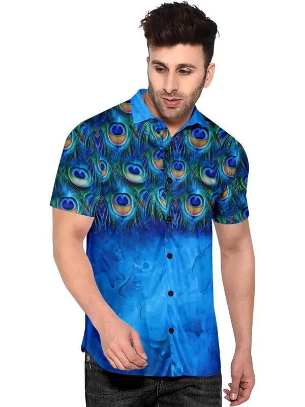 Multicolour_Peacock_Feather_Print_Hawaiian_Shirt,_Short_Sleeve_Button_Down,_Blue_Ombre_Design