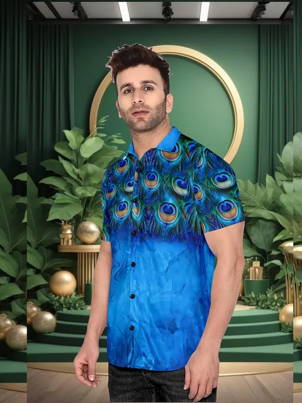 Multicolour_Peacock_Feather_Print_Hawaiian_Shirt,_Short_Sleeve_Button_Down,_Blue_Ombre_Design