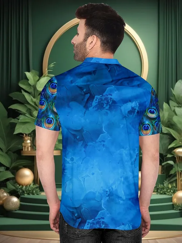 Multicolour_Peacock_Feather_Print_Hawaiian_Shirt,_Short_Sleeve_Button_Down,_Blue_Ombre_Design
