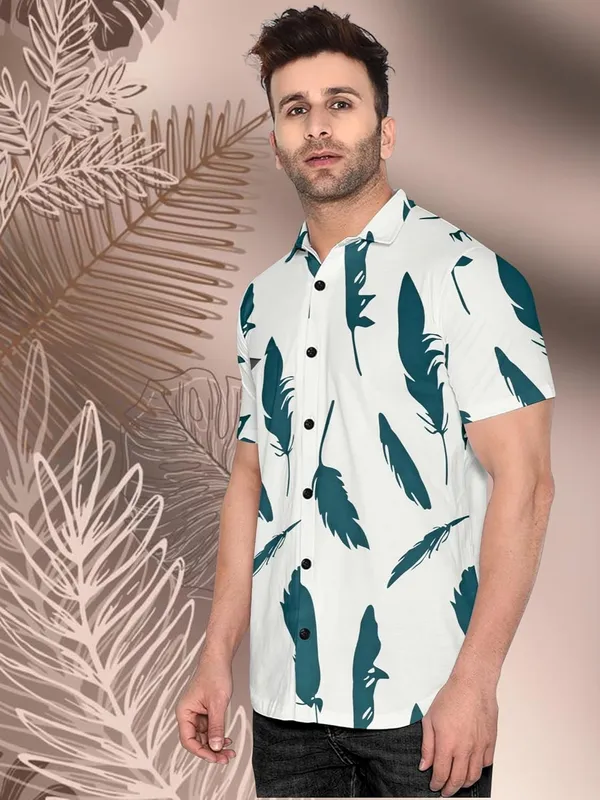 White_Casual_Short_Sleeve_Button_Down_Shirt,_Feather_Print_Pattern,_White_And_Teal