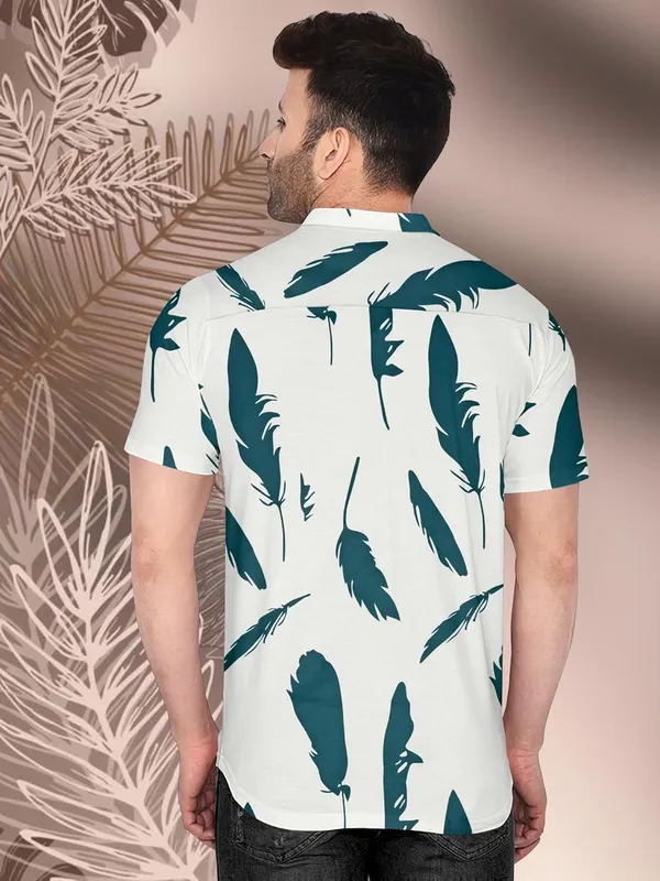 White_Casual_Short_Sleeve_Button_Down_Shirt,_Feather_Print_Pattern,_White_And_Teal