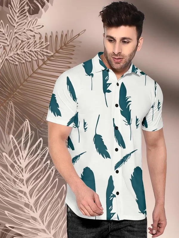 White_Casual_Short_Sleeve_Button_Down_Shirt,_Feather_Print_Pattern,_White_And_Teal