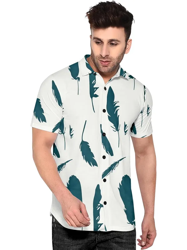 White_Casual_Short_Sleeve_Button_Down_Shirt,_Feather_Print_Pattern,_White_And_Teal