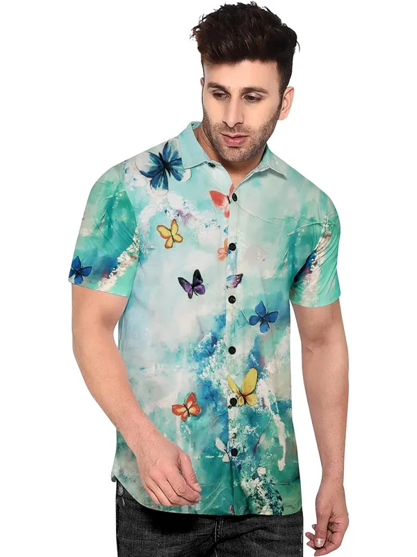 Multicolour_Butterfly_Print_Hawaiian_Shirt,_Short_Sleeve_Button_Down,_Turquoise_Blue_Watercolour_Design