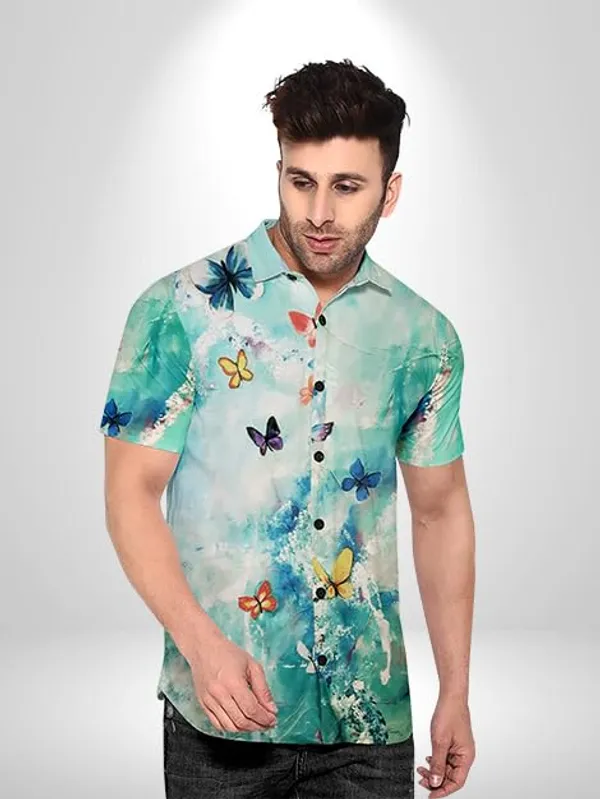 Multicolour_Butterfly_Print_Hawaiian_Shirt,_Short_Sleeve_Button_Down,_Turquoise_Blue_Watercolour_Design